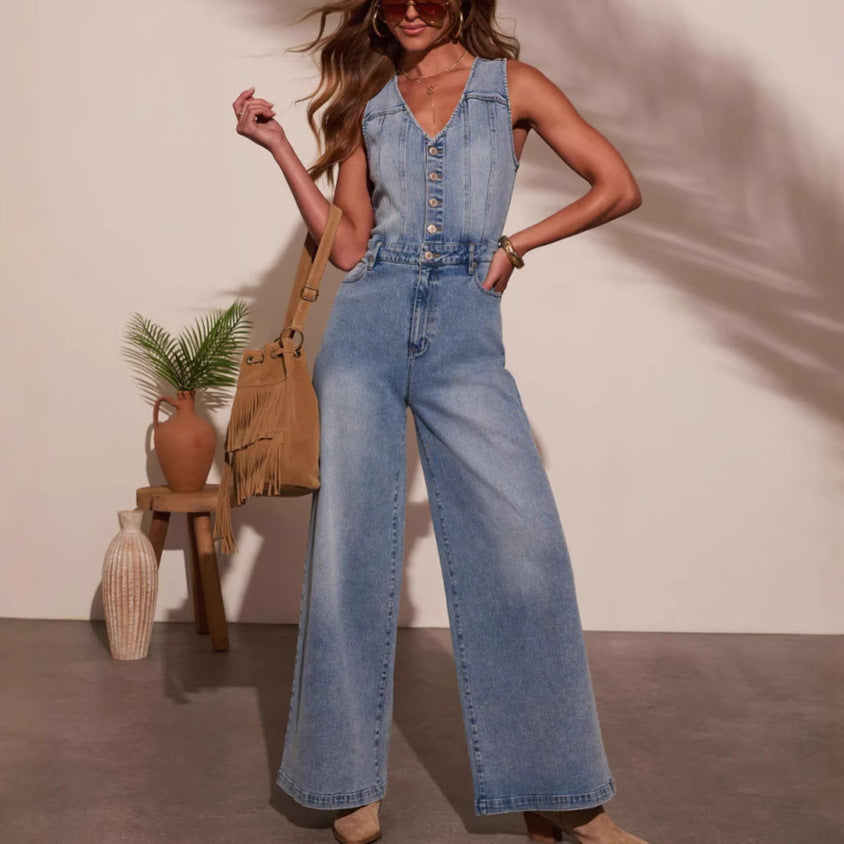 Damen Denim-Jumpsuit Hochtailliert Knöpfe Blau - Norvielle