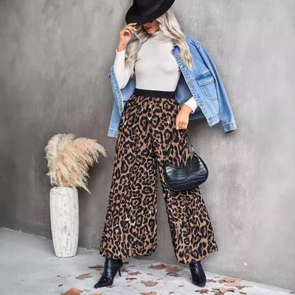 Damen Palazzo-Hose Animalmuster Elastischer Bund Schwarz - Norvielle