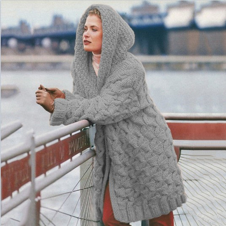 Damen Grobstrick-Cardigan mit Kapuze und Muster