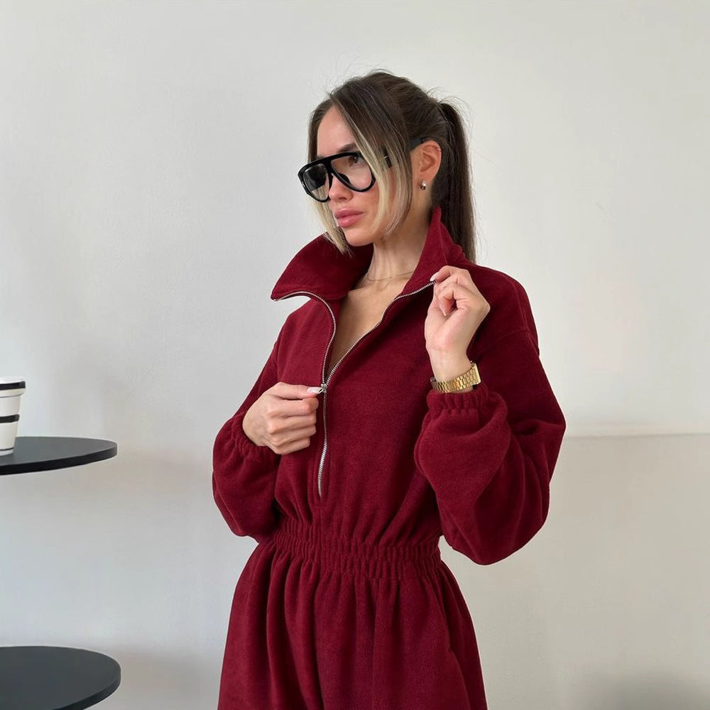 Damen Fleece-Jogginganzug Elastischer Bund Halb-Reißverschluss
