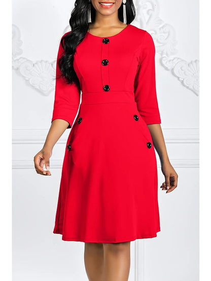 Damen Knieumspielendes Kleid mit Schmuckknöpfen 3/4-Ärmel