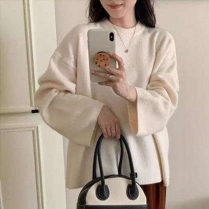 Damen Oversized Strickpullover Weiter Schnitt Feines Material Beige