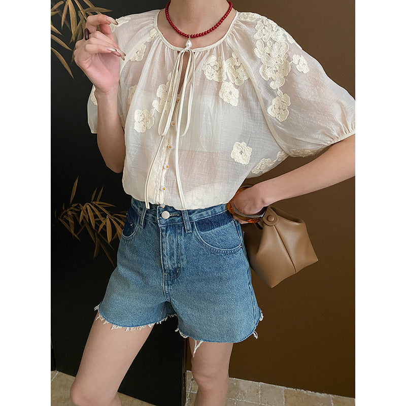 Damen Vintage-Jeansshorts Hochbund Fransensaum