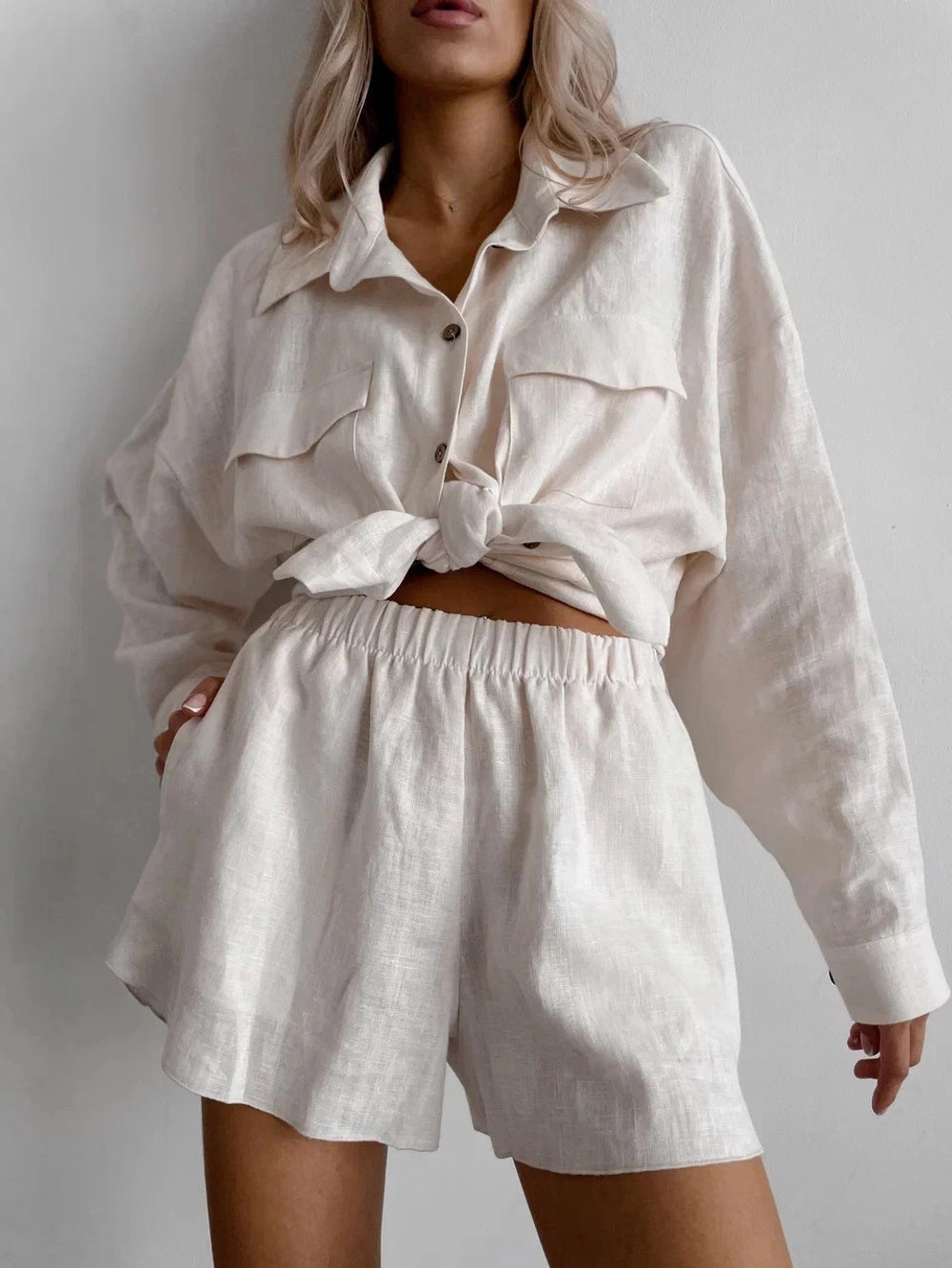 Damen Leinen Loungewear-Set Leicht Feminin Beige