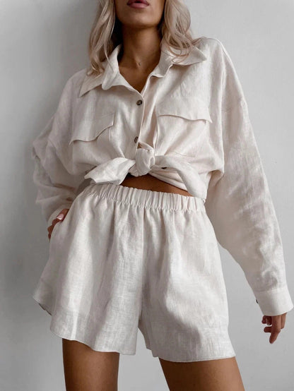 Damen Leinen Loungewear-Set Leicht Feminin Beige