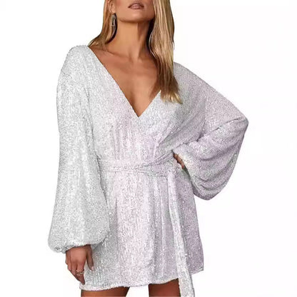 Damen Minikleid Glitzernd V-Ausschnitt Weite Ärmel Norvielle
