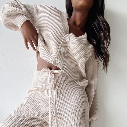 Damen Strick-Loungewear-Set mit Knöpfen Lässig