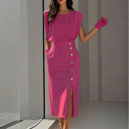 Damen Elegantes Midi-Kleid mit Knöpfen und Seitenschlitz Norvielle