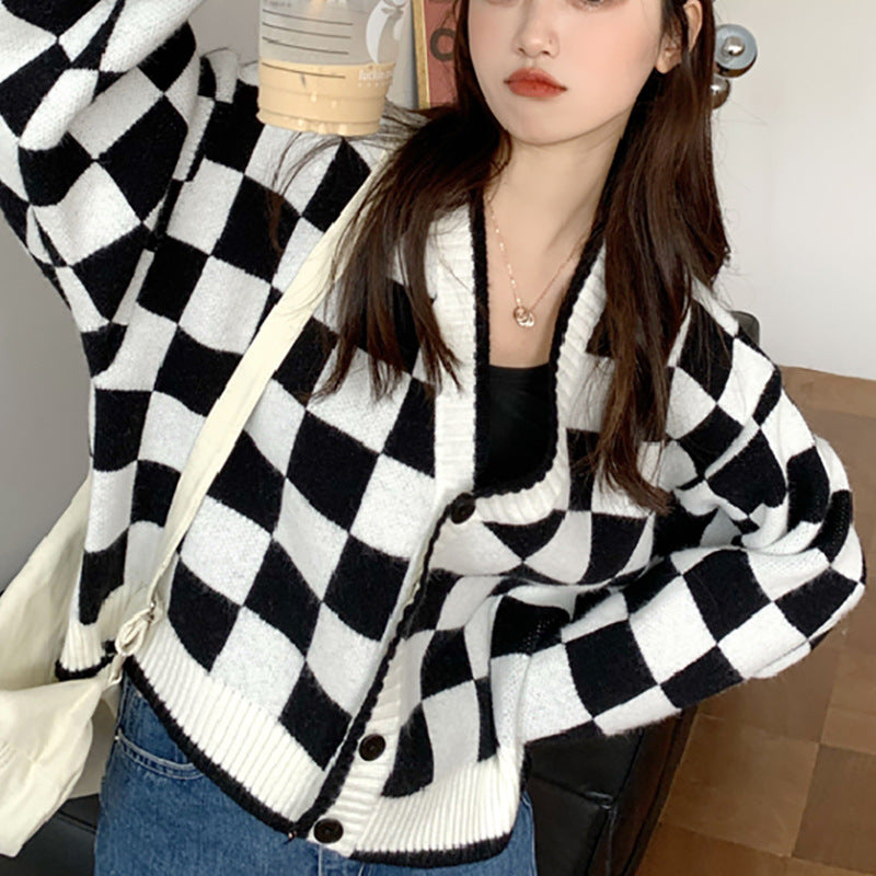 Damen Grobstrickjacke Karomuster Bequem Knöpfe Norvielle
