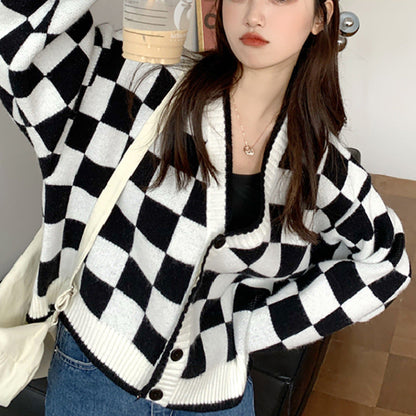 Damen Grobstrickjacke Karomuster Bequem Knöpfe Norvielle