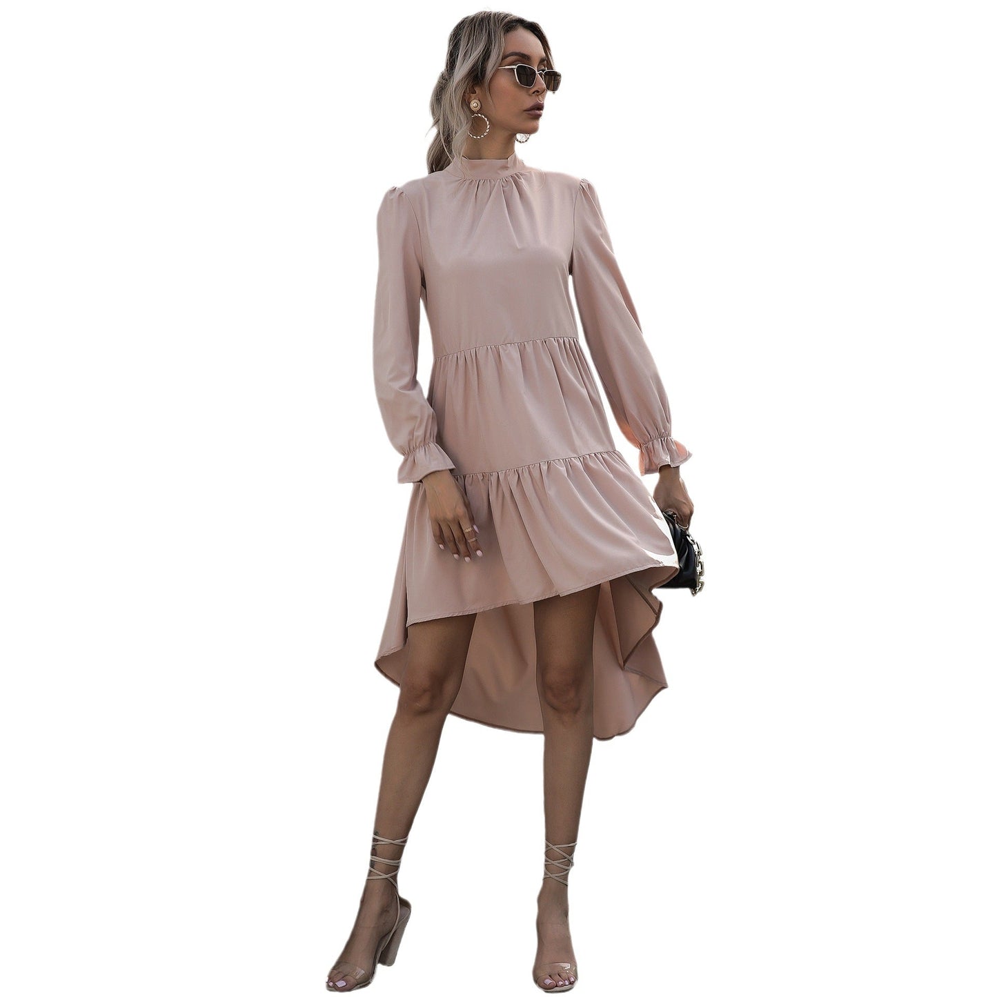 Damen Wickelkleid Asymmetrisch Rüschen Stehkragen Norvielle