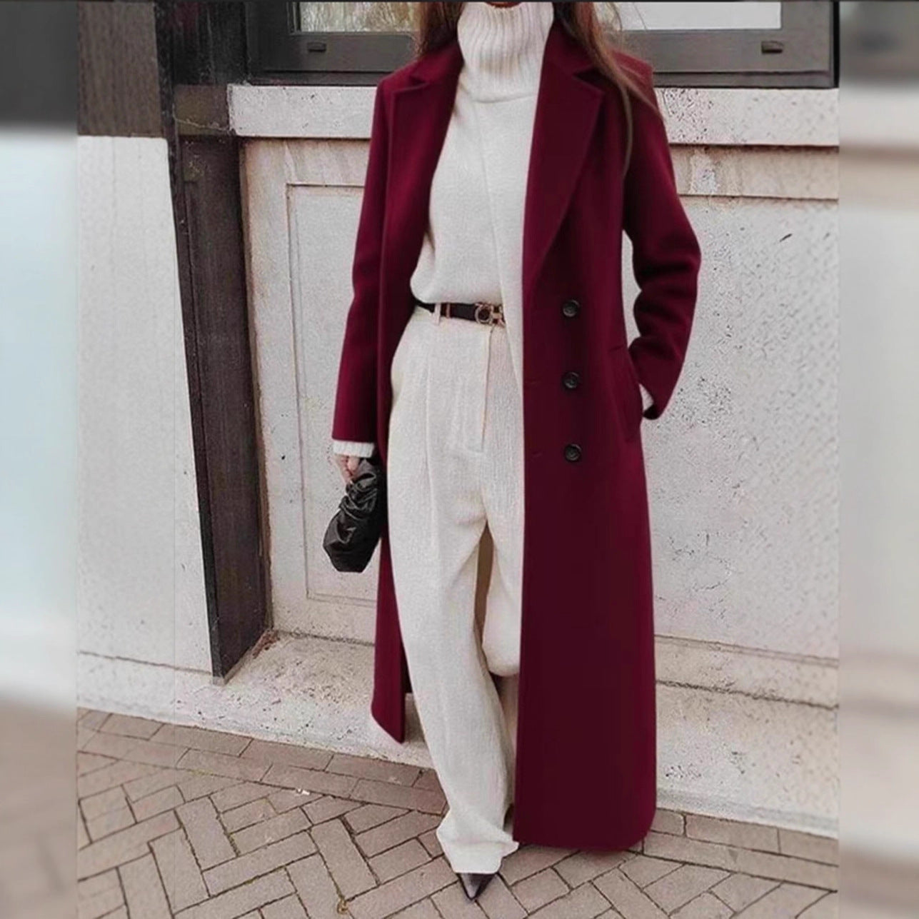 Damen Wollmantel Doppelter Knopfleiste Tiefen Taschen Norvielle