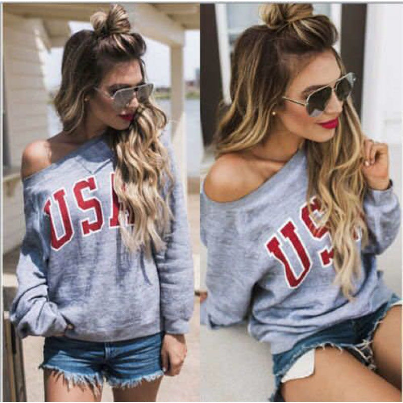 Damen Off-Shoulder Pullover mit Schriftzug