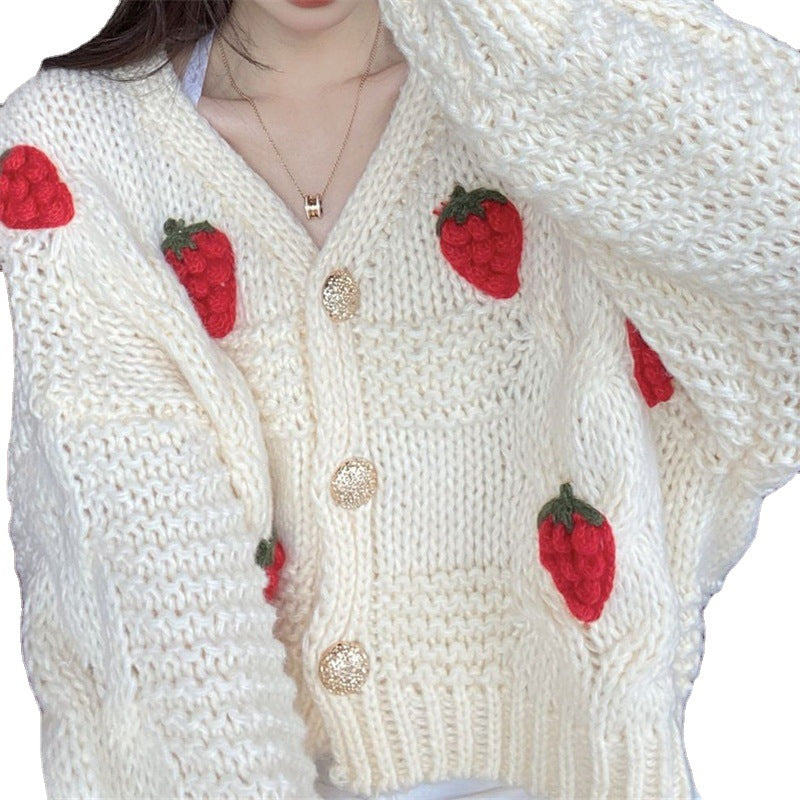 Damen Grobstrickjacke Blumenapplikation Goldtöne Norvielle