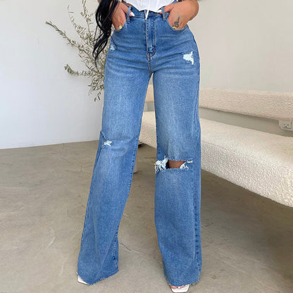 Damen Vintage Weite Jeans Destroyed-Style Hochwerder Bund - Norvielle