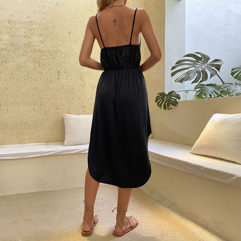 Damen Midi-Kleid Spitzendetails Spaghettiträger Norvielle