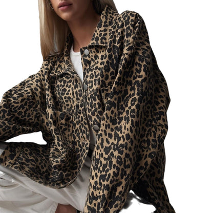 Damen Oversized Jeansjacke Leopardenmuster