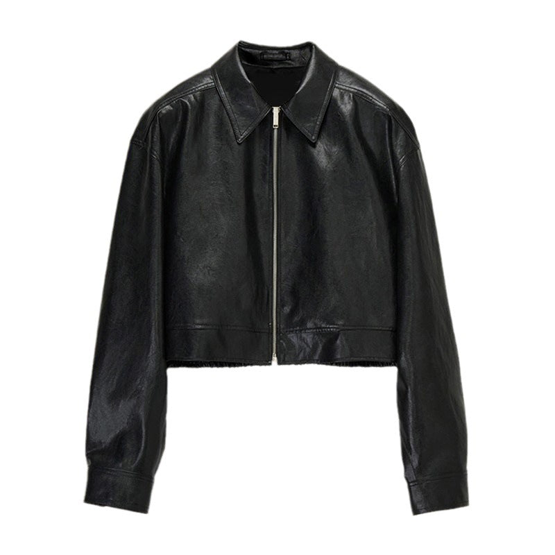 Damen Lederjacke Weit Schnitt Moderner Kragen