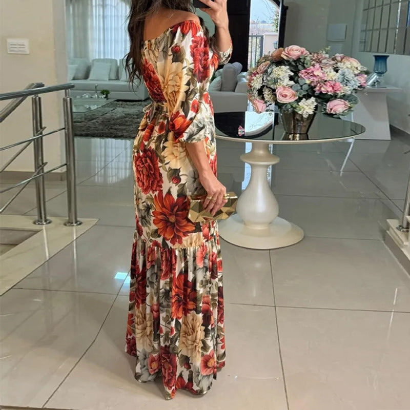 Damen Maxikleid Schulterfrei Floralmuster Rüschensaum Norvielle
