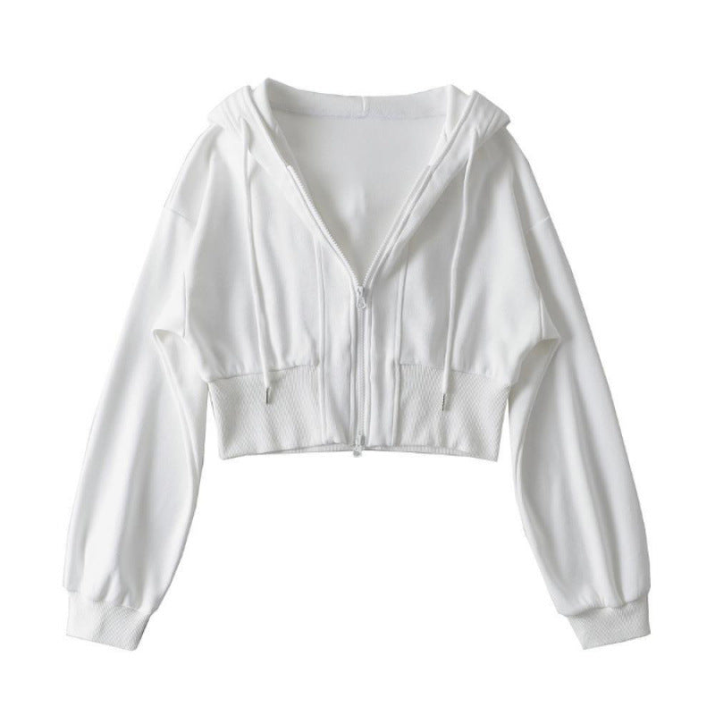 Damen Cropped Kapuzenjacke Reißverschluss Elastisch
