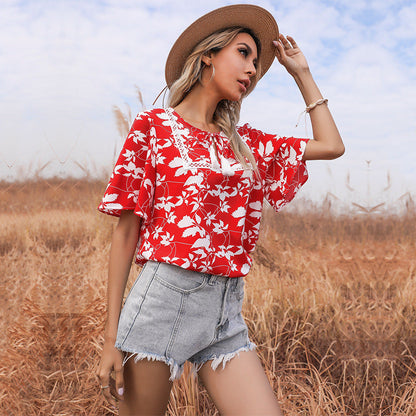 Damen Bluse Floralmuster V-Ausschnitt Elegante Bluse