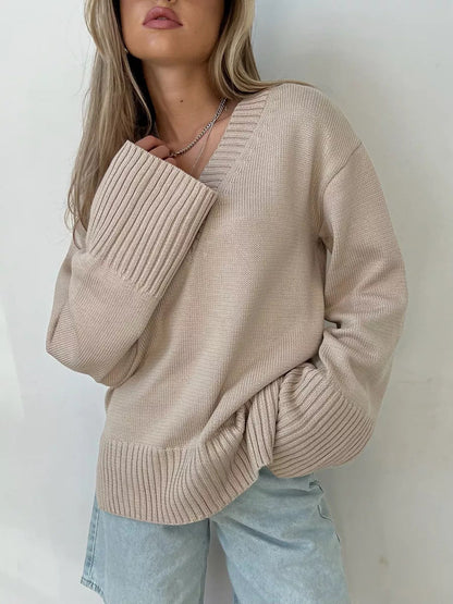 Damen Strickpullover Oversized V-Ausschnitt Beige