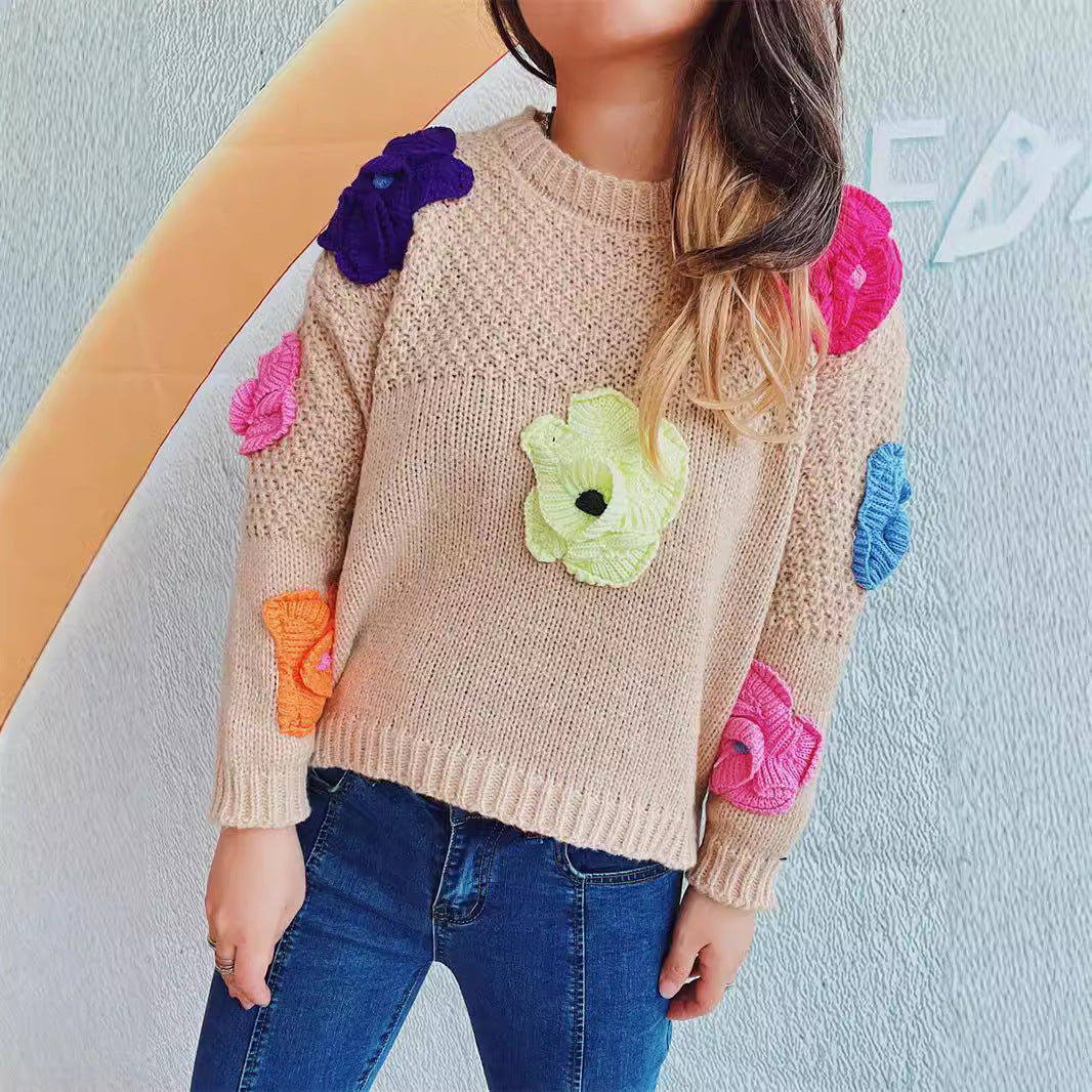 Damen Pullover Bunt Blumenapplikationen