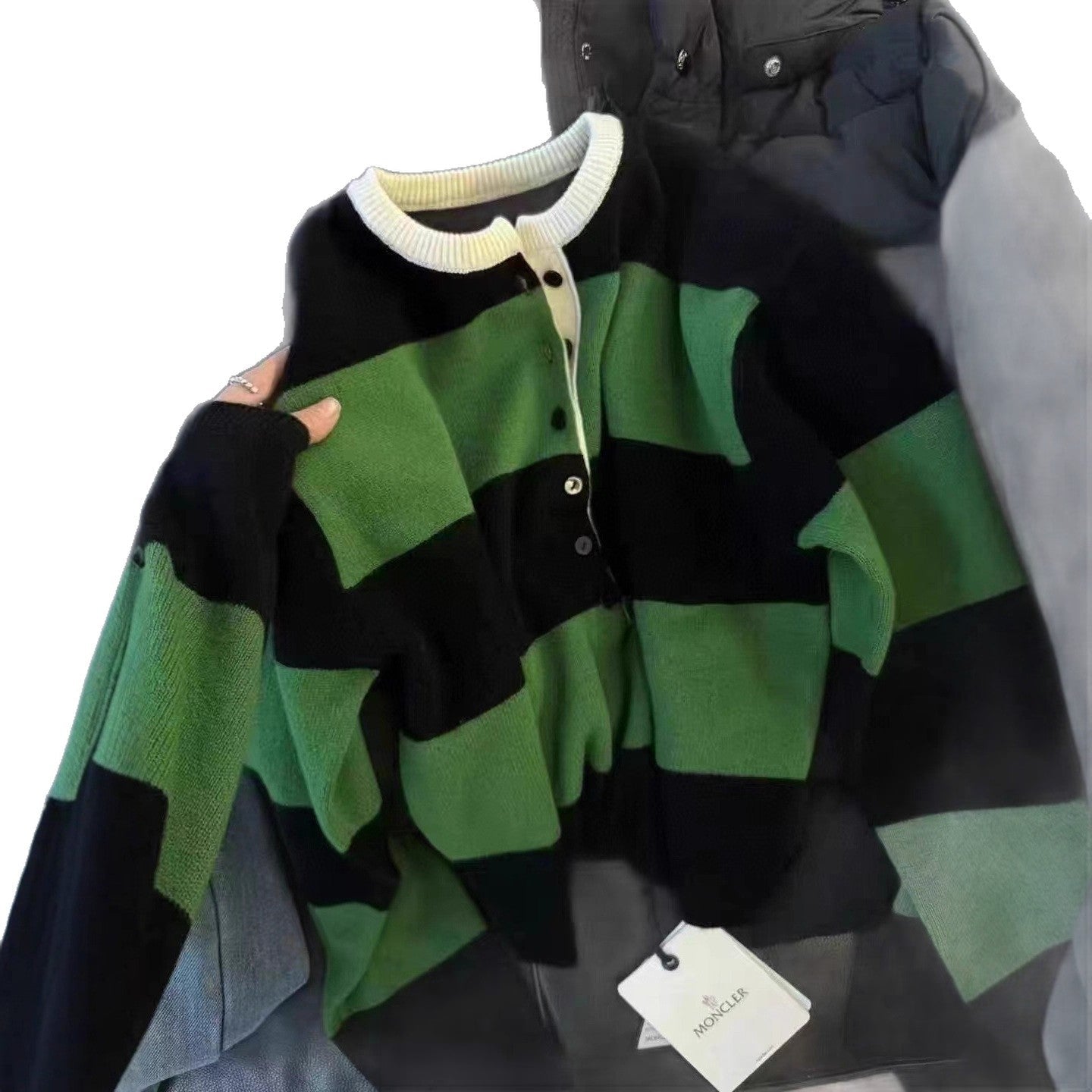 Damen Strickpullover Kurzärmelig Knopfleiste Kontraststreifen
