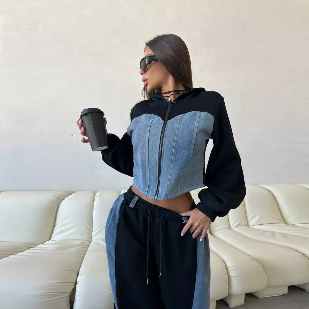 Damen Sweatjacke Set mit Jogginghose und Ballonärmeln Schwarz - Norvielle