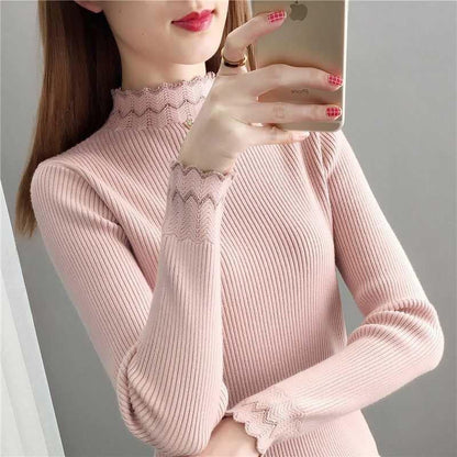 Damen Strickpullover Stehkragen Wellenmuster
