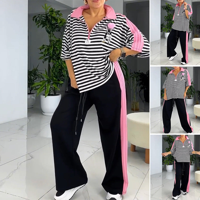 Damen Freizeitset Gestreiftes Oberteil Bequeme Jogginghosen Norvielle - Norvielle