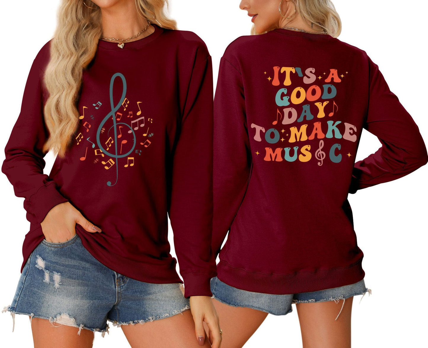 Damen Sweatshirt Musik Motiv Weiß
