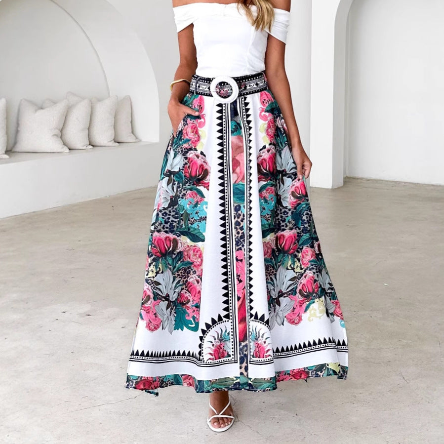 Damen Maxirock Floral Norvielle Mit Gürtel