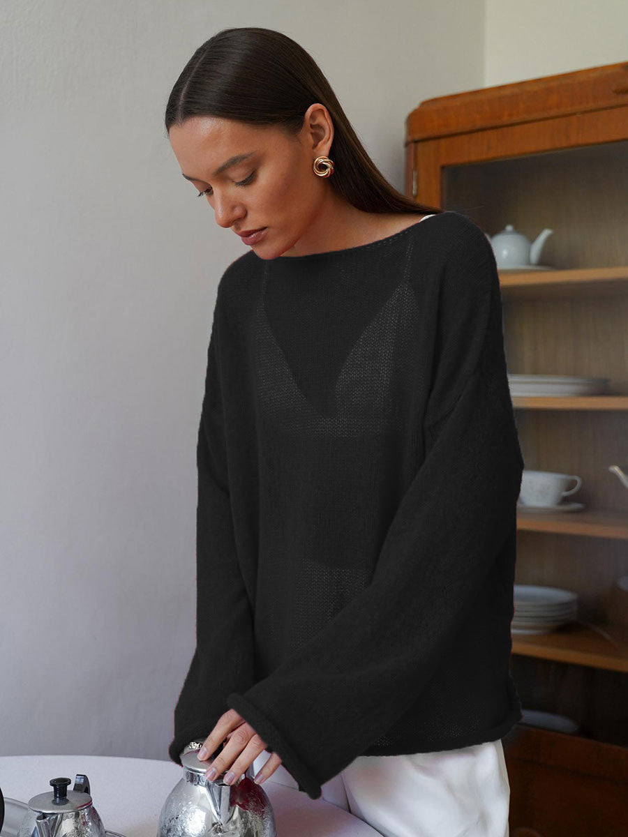 Damen Pullover Lässig Weite Ärmel Feines Lochstrick Beige