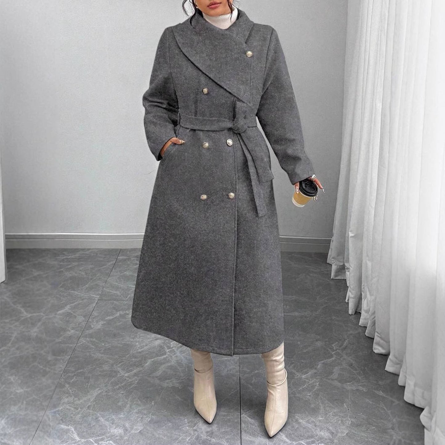 Damen Wollmantel Eleganter Doppelknopf