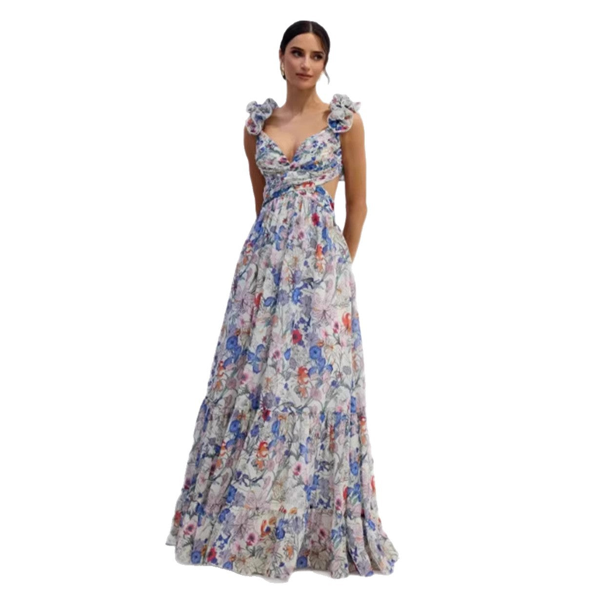 Damen Maxikleid Vintage-Stil Fließender Rock Rüschendetails