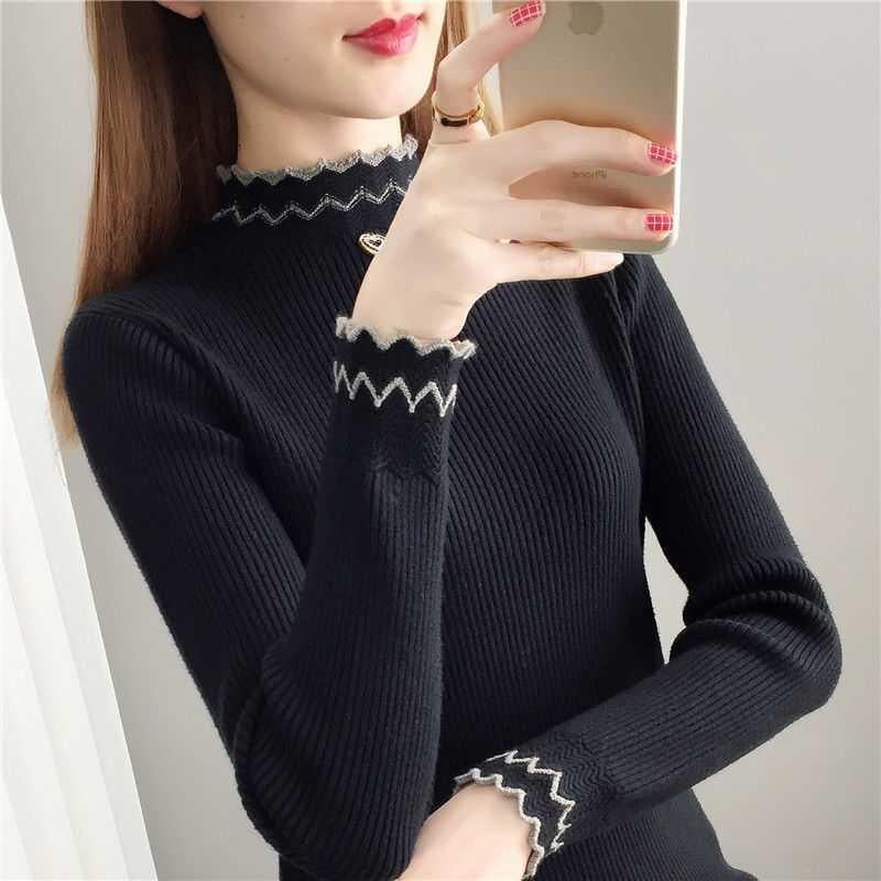 Damen Strickpullover Stehkragen Wellenmuster