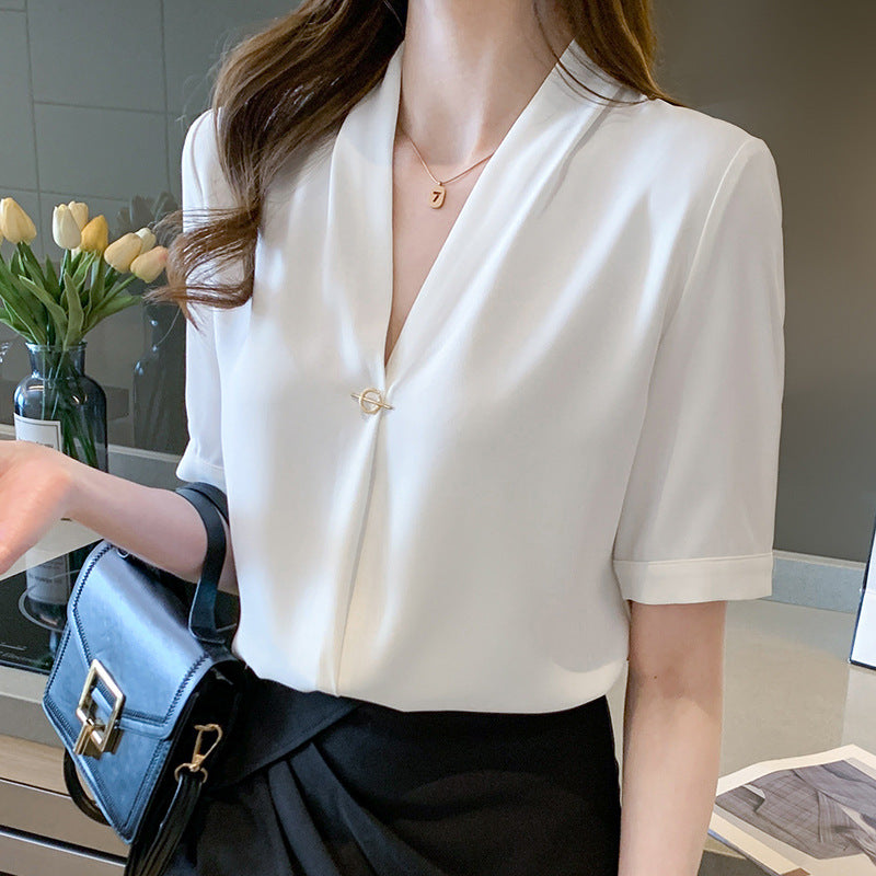 Damen Bluse V-Ausschnitt Pin-Verschluss Elegante Seide Beige - Norvielle