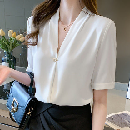 Damen Bluse V-Ausschnitt Pin-Verschluss Elegante Seide Beige - Norvielle