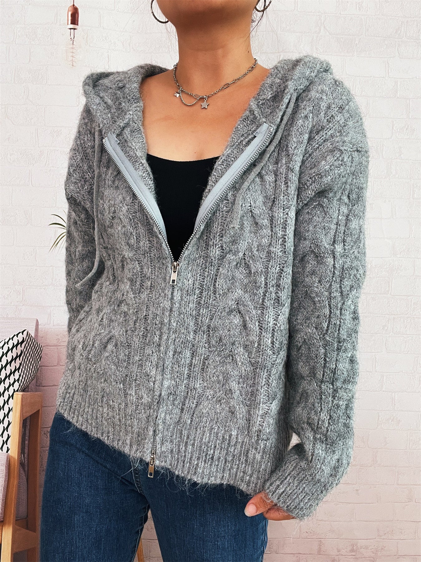 Damen Gestreifter Grobstrick Zip Hoodie Weich Kapuze