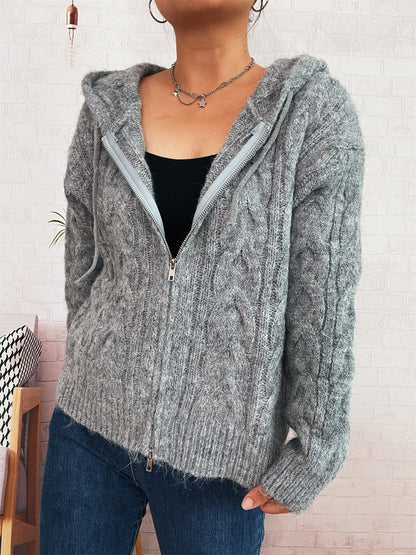 Damen Gestreifter Grobstrick Zip Hoodie Weich Kapuze