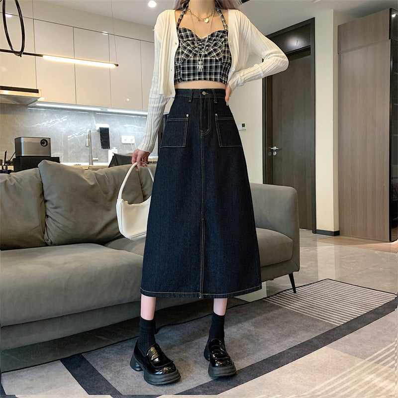 Damen Denim-Rock Lang mit Taschen