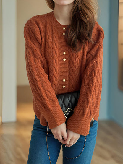 Damen Grobstrickjacke Kabelmuster Dekorative Knöpfe Norvielle