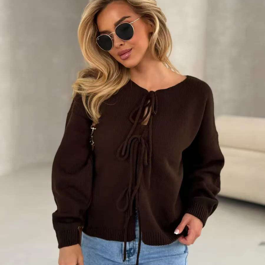 Damen Grobstrickpullover Lässiger Schnitt Mit Bindebändern Beige