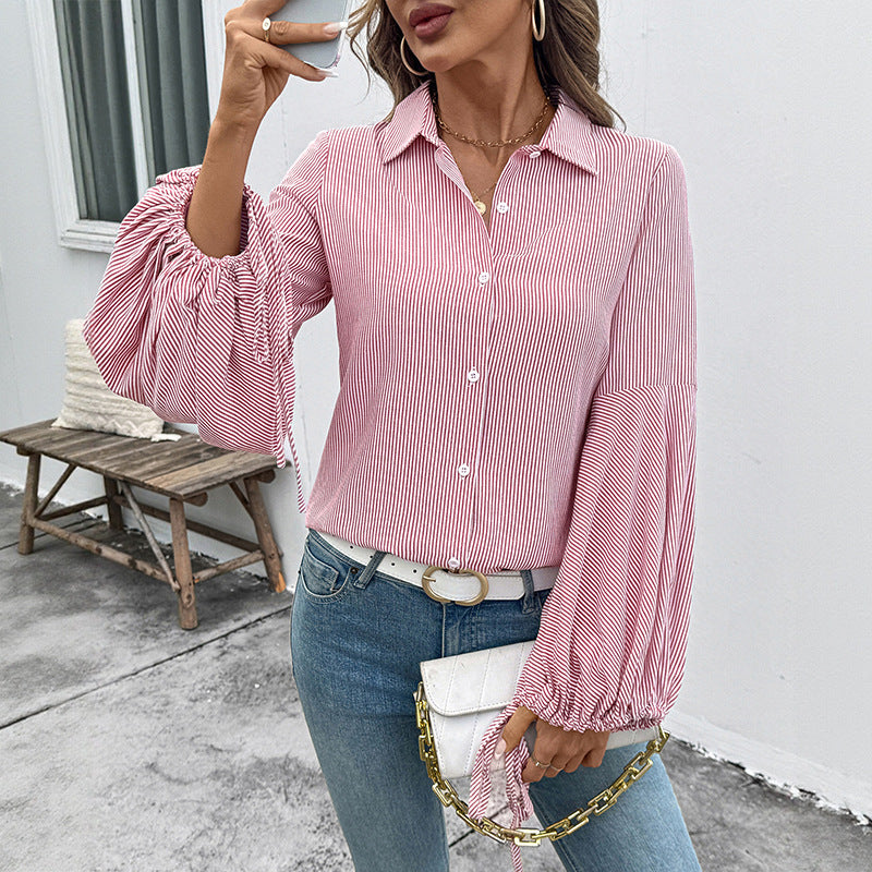 Damen Bluse Voluminöse Ärmel Streifenmuster Weiß