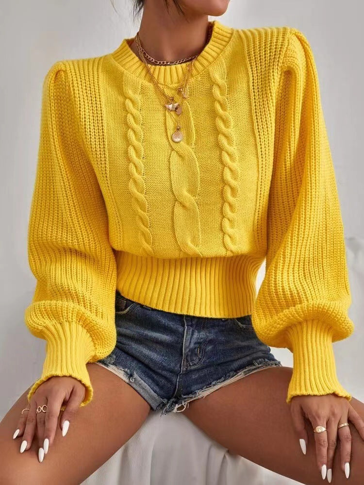Damen Grobstrickpullover Voluminöse Ärmel Zopfmuster