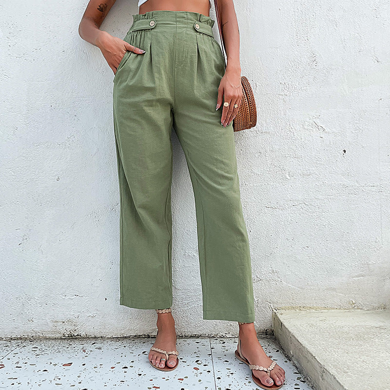 Damen Leinenhose Hohe Taille Dekorative Knöpfe Beige