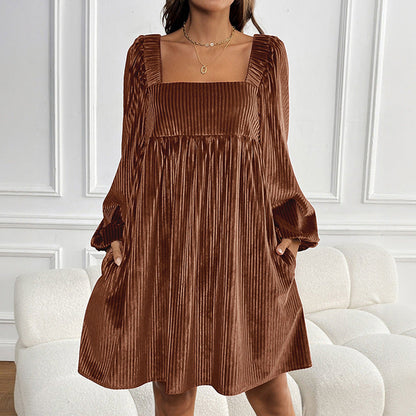 Damen Oversized Kleid Cordstoff Rüschendetail Anthrazit