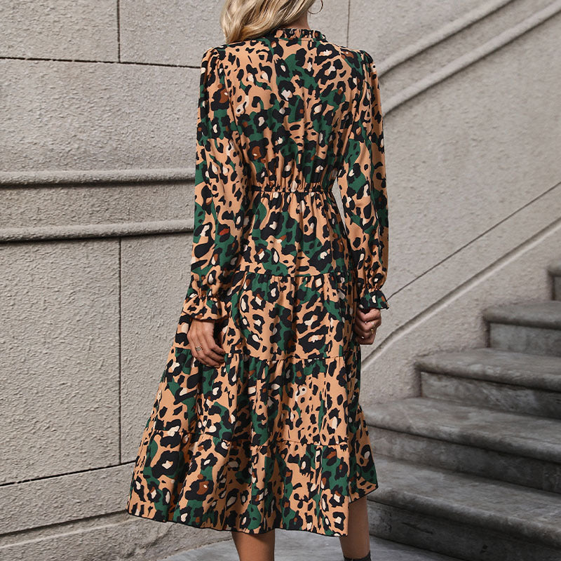 Damen Midi-Kleid Leopardendruck Voluminöser Rock