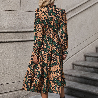Damen Midi-Kleid Leopardendruck Voluminöser Rock